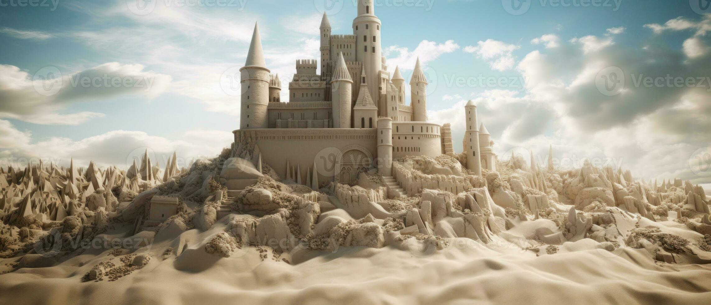 AI generated Intricate sand castle in the desert, standing on a hill. AI generative. photo
