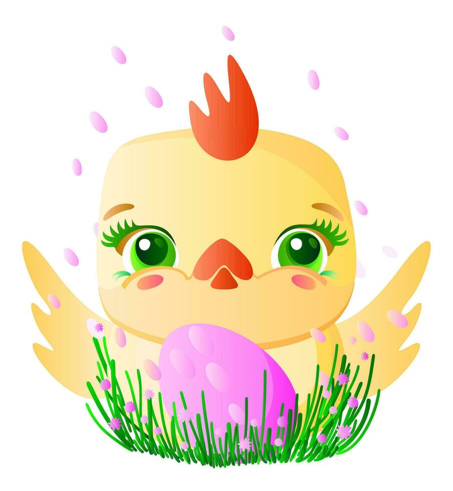Cute Easter chick in grass with pink decorated egg vector