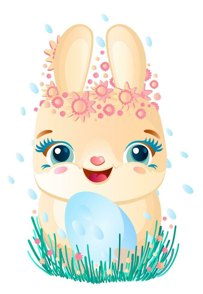 Cute Easter bunny in spring grass holding egg. Vector isolated illustration.