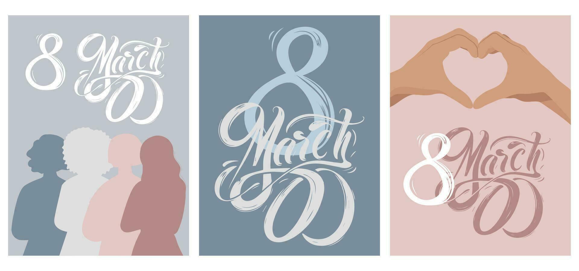Banners, posters for International Women's Day. A cute set of stickers in pastel shades with lettering and a calligraphic inscription March 8th. vector