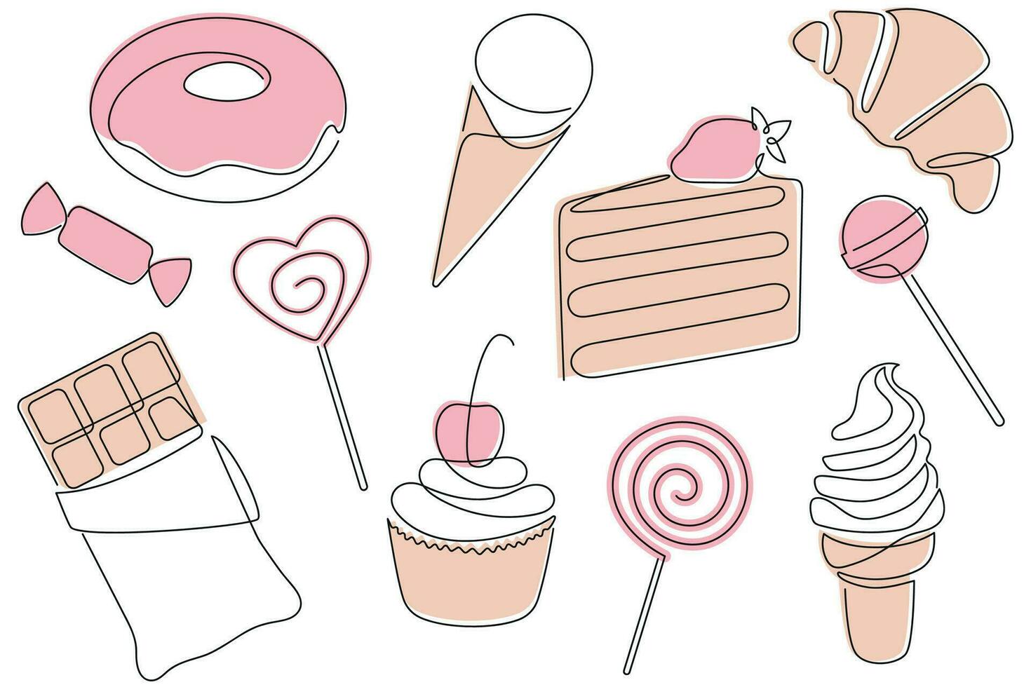 Sweets drawn in one continuous line in color. One line drawing, minimalism. Vector illustration.
