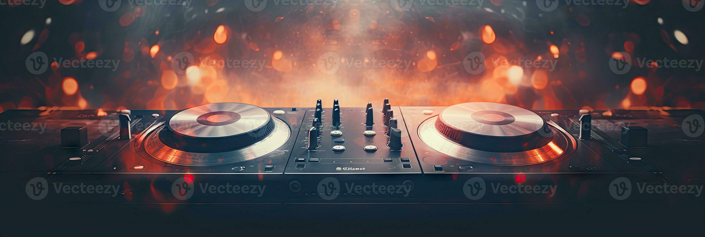 AI generated Close-up of a DJ's controlling for a turntable and mixer at a club party, set against a backdrop of colorful lights and the energy of a dance floor. photo