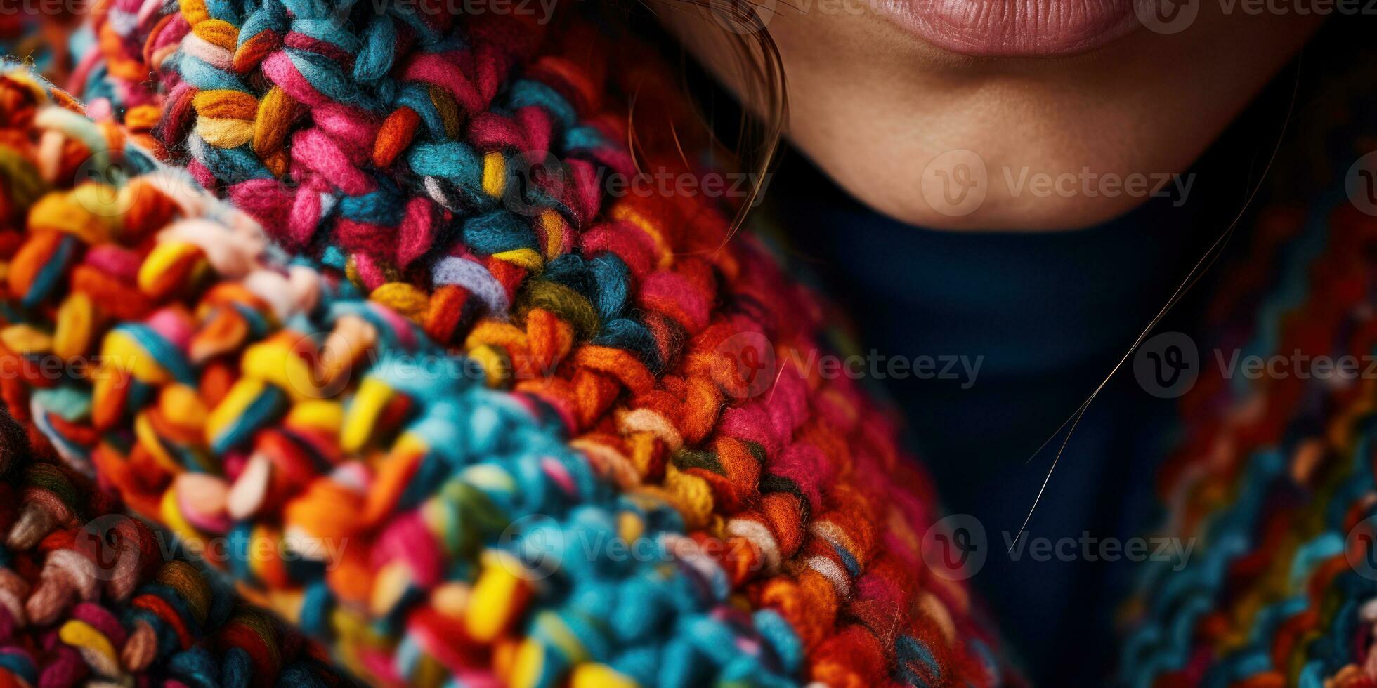 AI generated Woman in colorful knitted coat. AI generative. photo