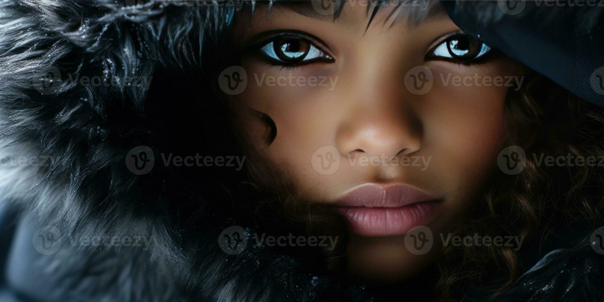 AI generated Close-up of a young black girl in a luxurious fur hooded coat. AI generative. photo