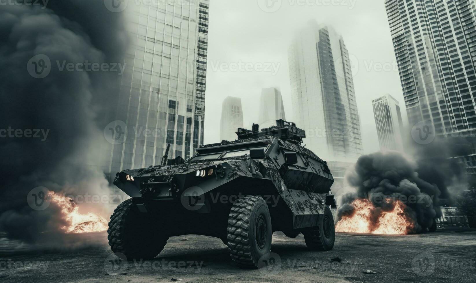 AI generated Armored military vehicle in city. Intense battlefield scene. AI generative. photo