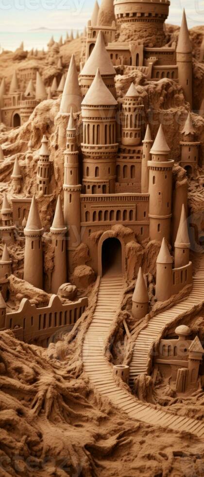 AI generated Bright and cheerful image of a sandy beach with a sandcastle. photo