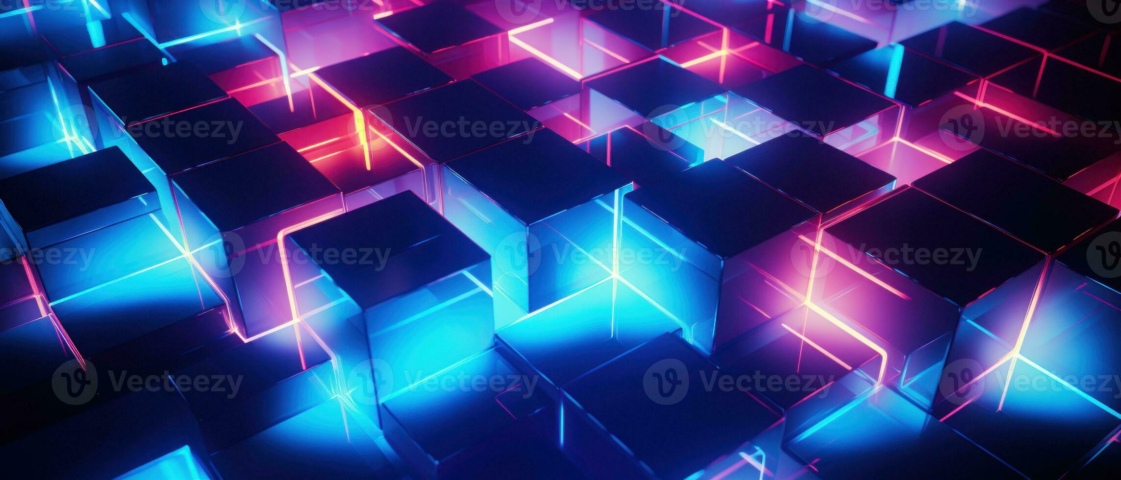 AI generated Bright neon elements and 3D cubes create a modern, tech-savvy atmosphere. photo