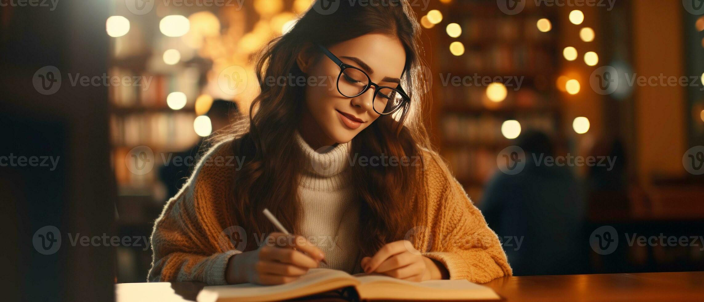 AI generated Woman in glasses absorbed in a book at a library desk. AI generative. photo