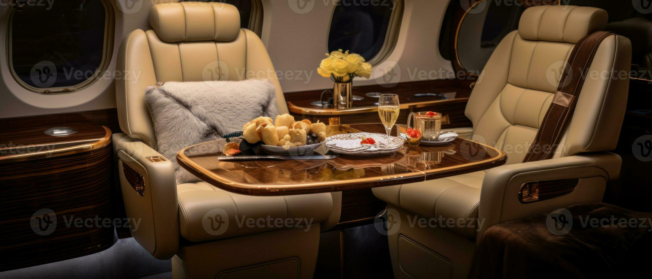 AI generated Opulent private jet interior, sleek table, elegant chairs. AI generative. photo