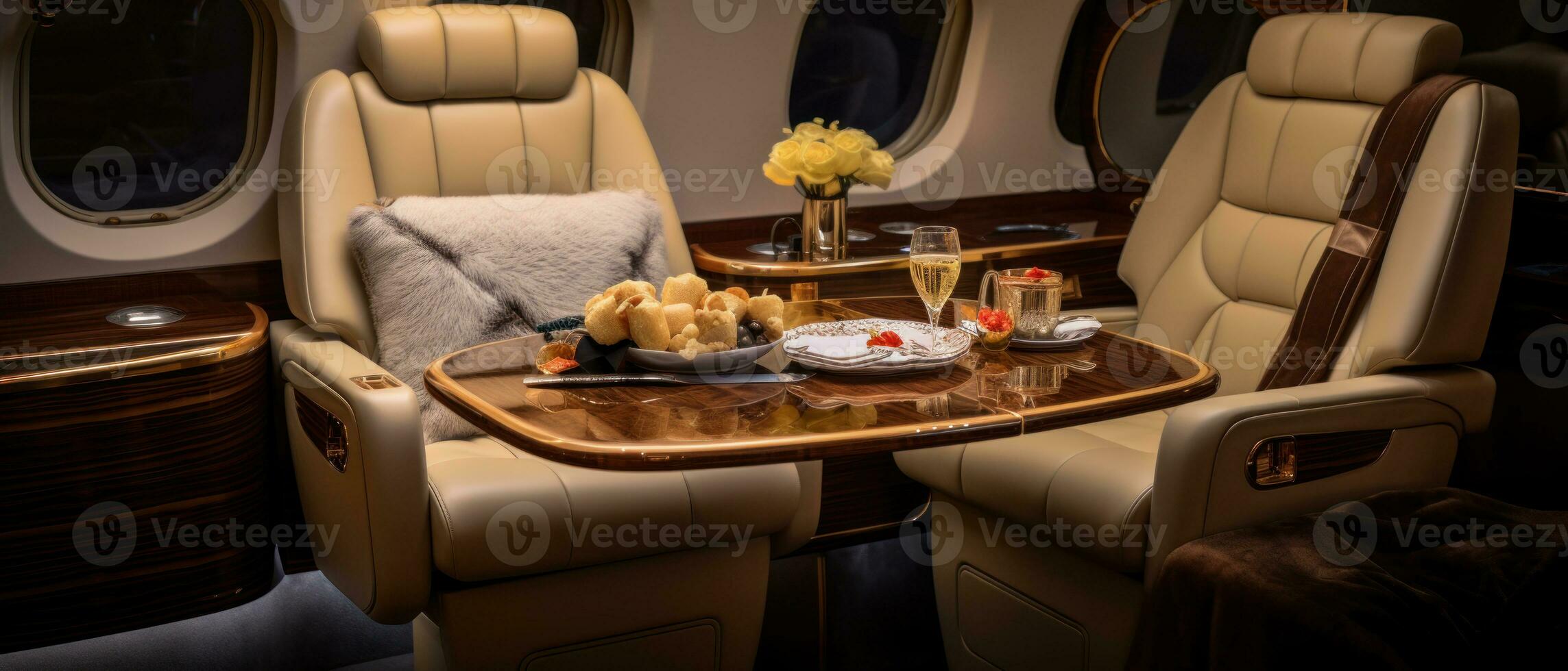 AI generated Opulent private jet interior, sleek table, elegant chairs. AI generative. photo