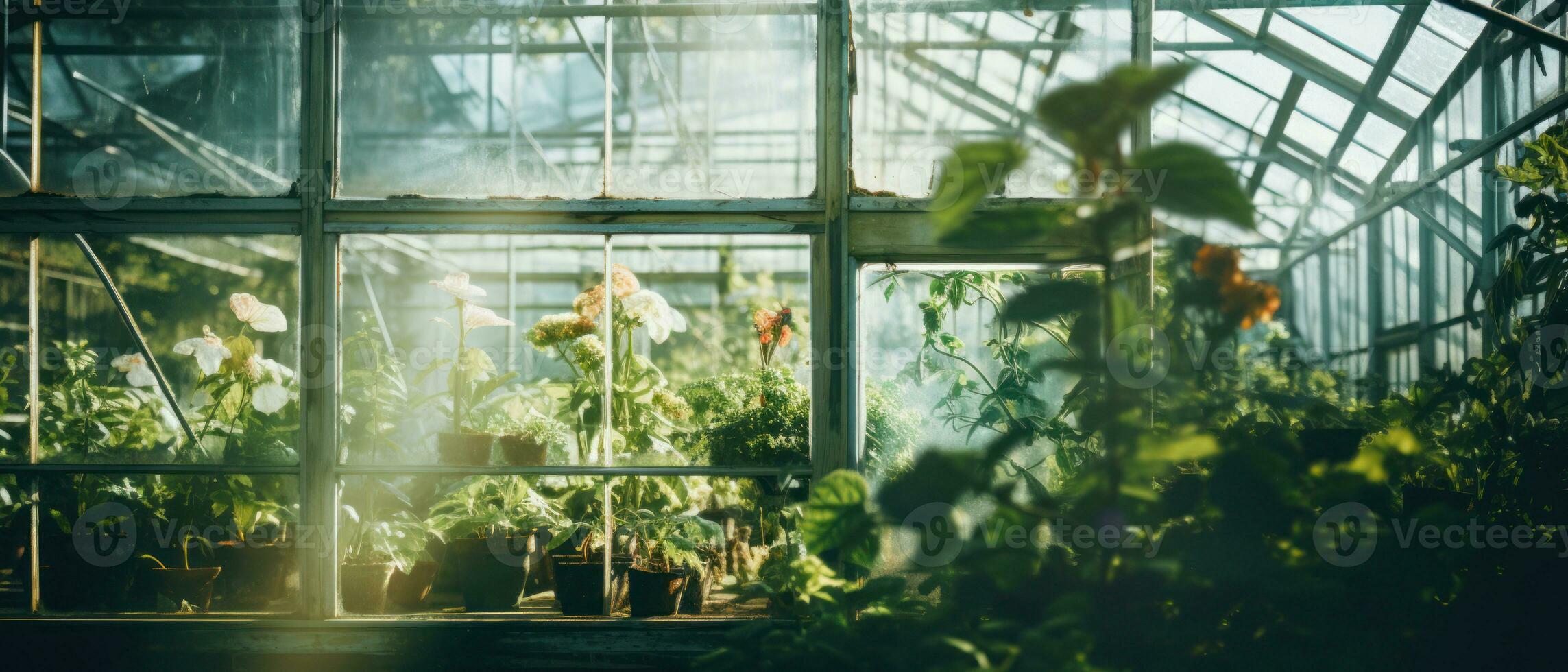 AI generated Serene greenhouse filled with lush greenery and vibrant flora. AI generative. photo