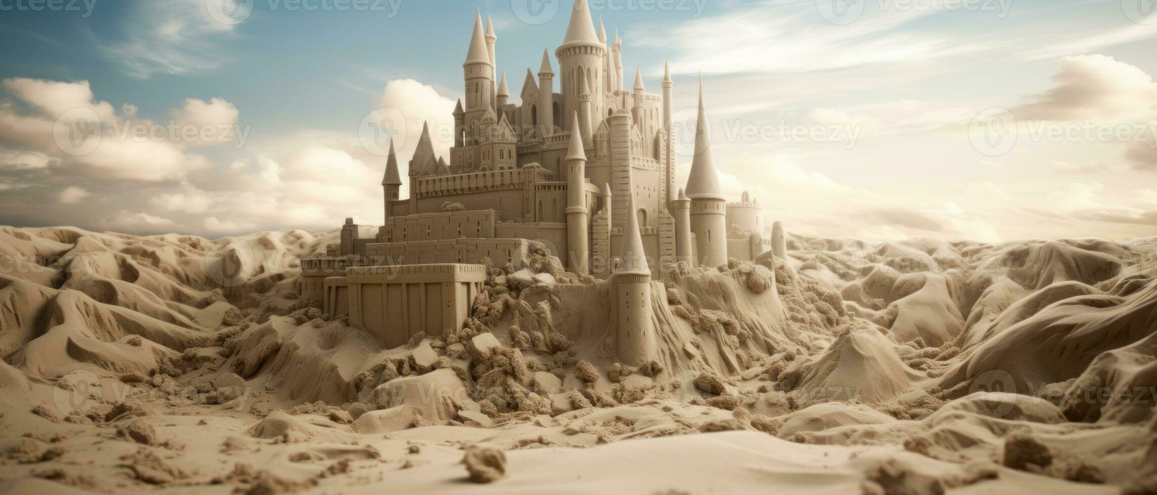 AI generated Intricate sand castle in the desert, standing on a hill. AI generative. photo