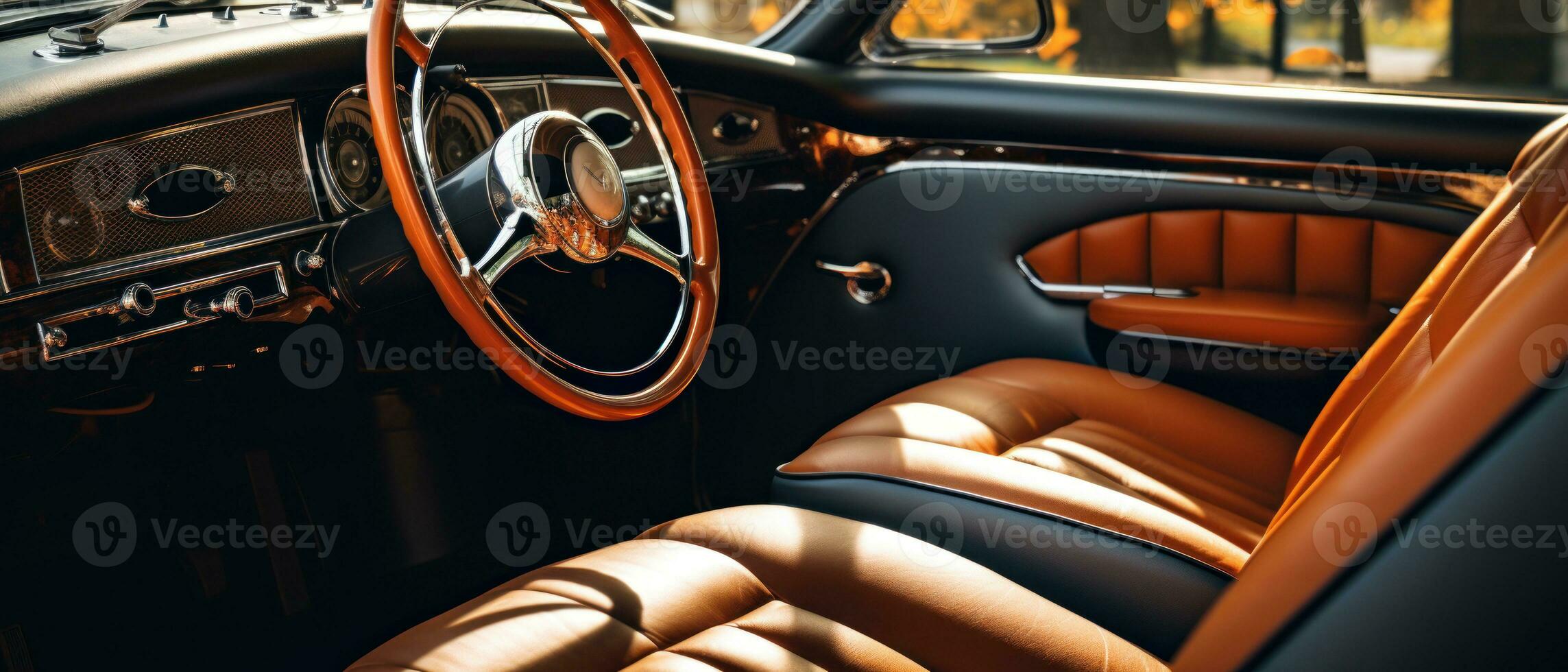 AI generated Luxury car interior with tan leather seats, classic elegance. AI generative. photo