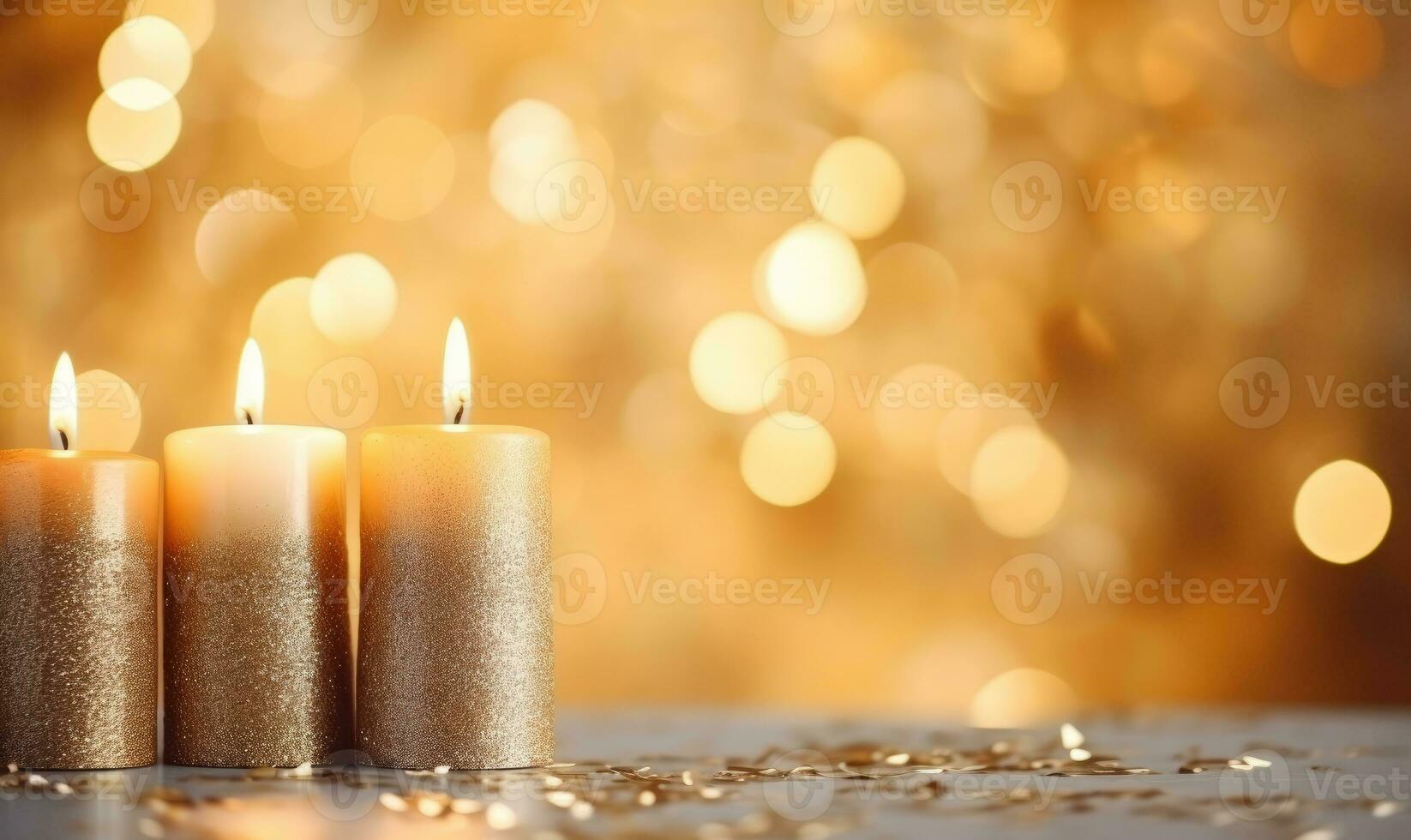 AI generated Golden candles on a wooden table.  AI generative. photo