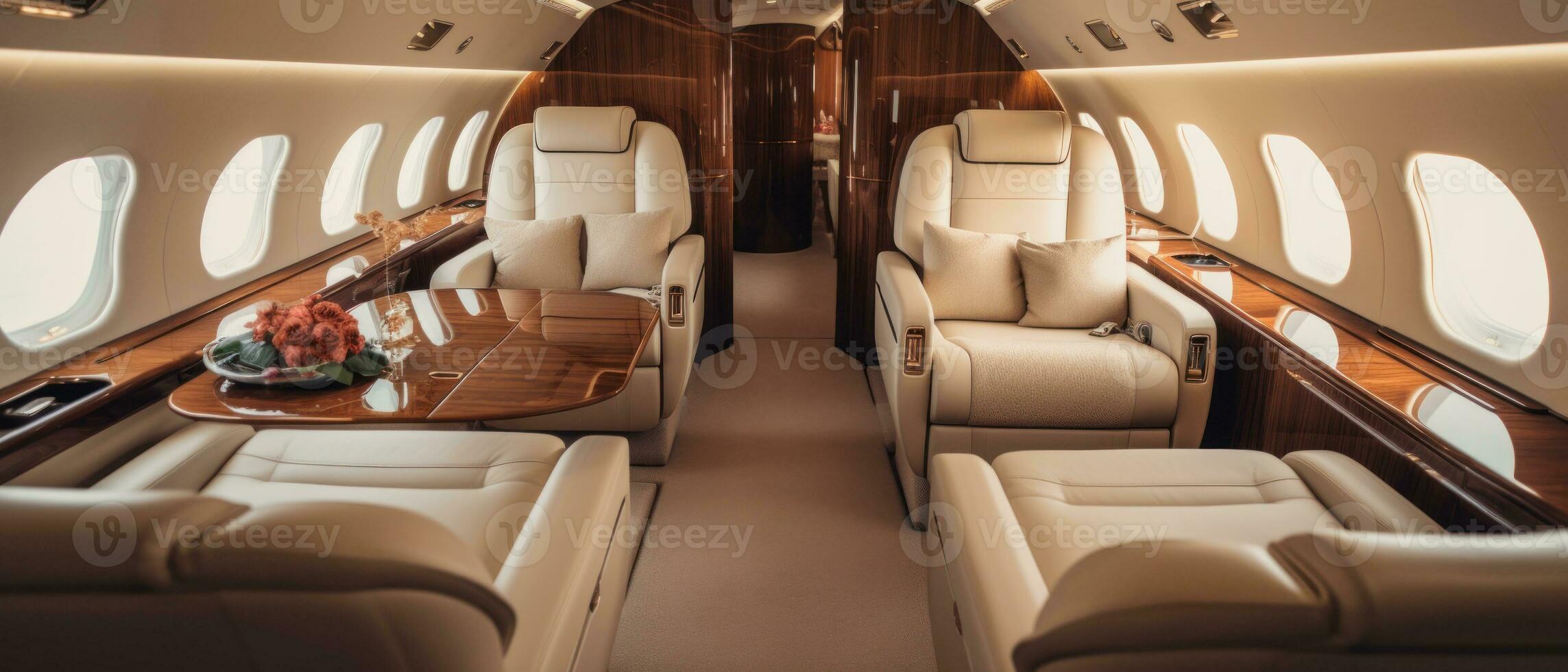 AI generated Luxurious private jet interior, leather seats, plush upholstery. AI generative. photo