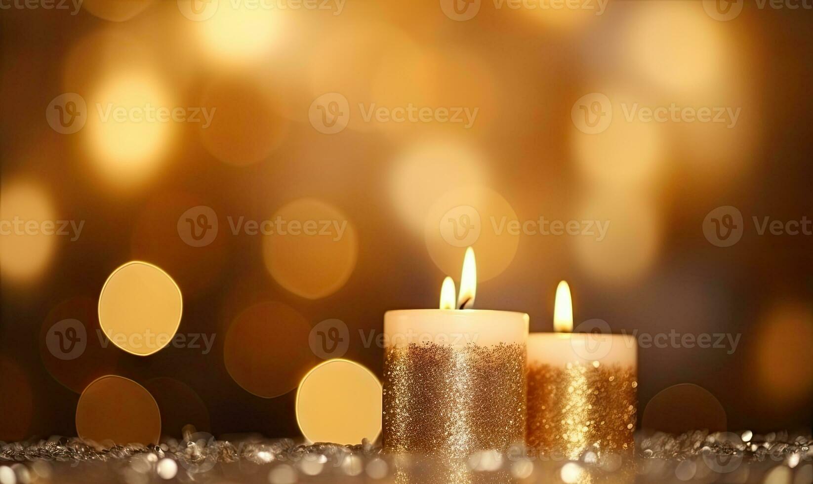 AI generated Golden candles on a wooden table.  AI generative. photo