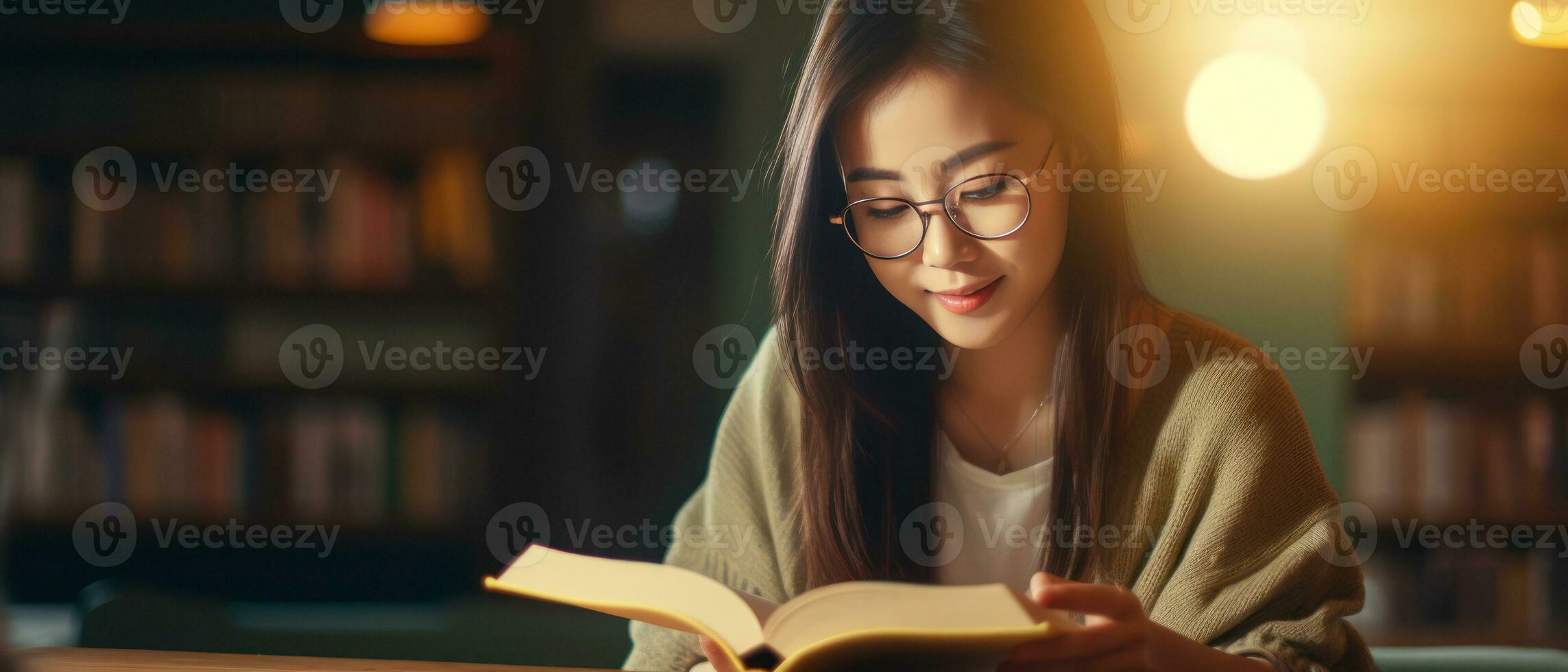 AI generated Young Asian woman engrossed in a book in a library. AI generative. photo