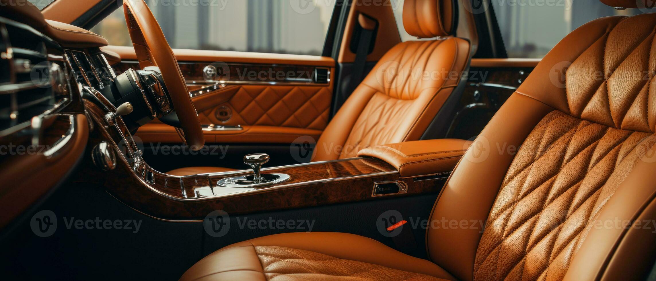 AI generated Luxury car interior with tan leather seats, classic elegance. AI generative. photo