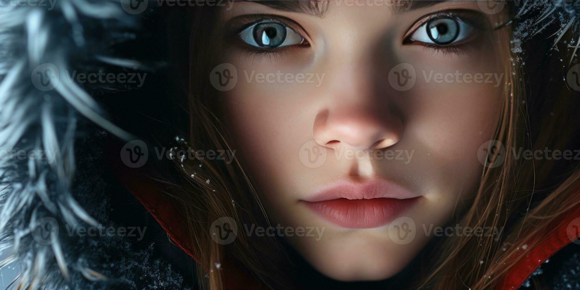 AI generated Close-up of woman in hooded coat, intense gaze, and detailed facial features. AI generative. photo