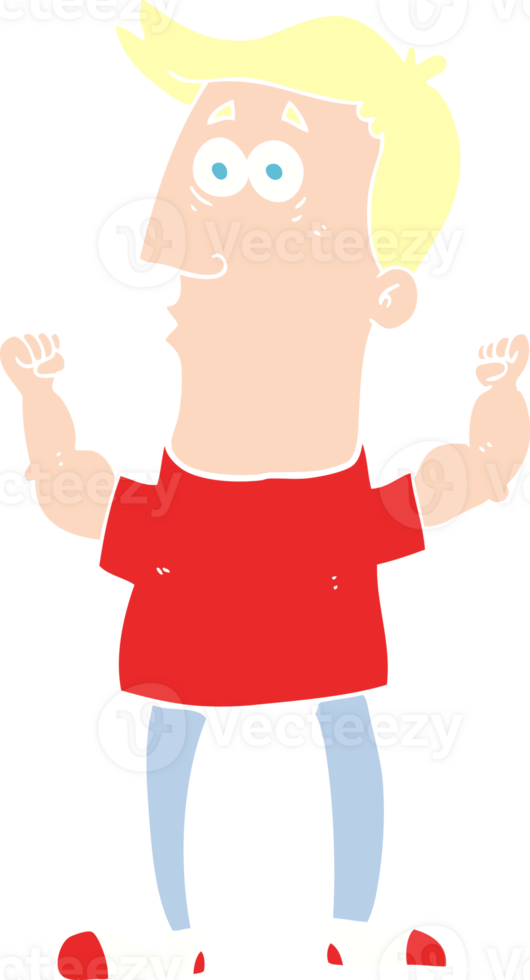 flat color illustration of a cartoon surprised man flexing biceps png