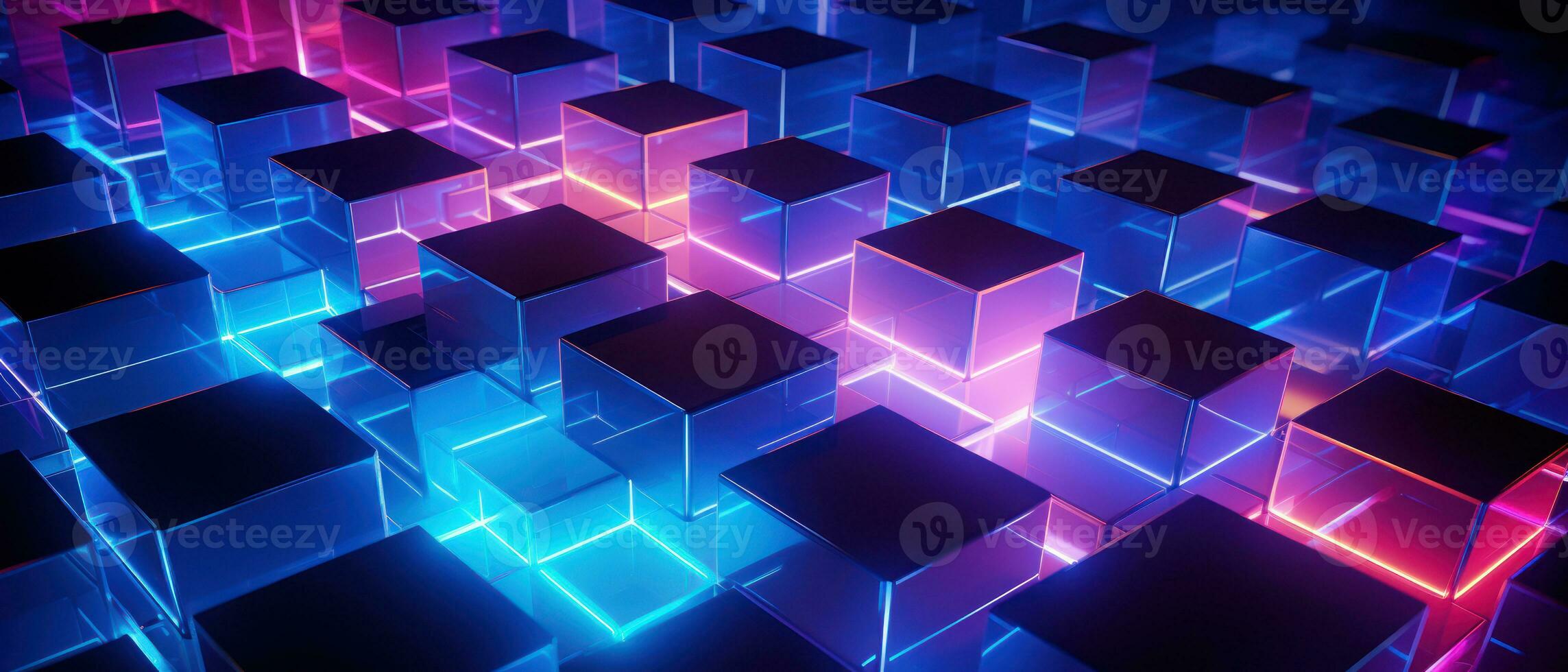 AI generated Bright neon elements and 3D cubes create a modern, tech-savvy atmosphere. photo