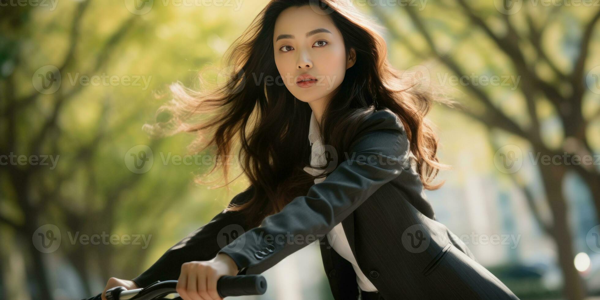 AI generated Elegant office-style Asian girl on bike. AI generative. photo