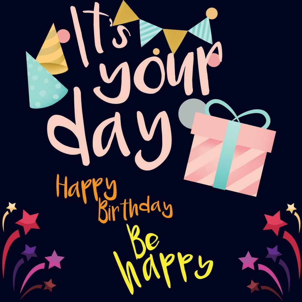 Happy birthday text vector template design. Birthday greeting in circle space for typography with cake and balloons party decoration elements in pattern background. Vector Illustration.