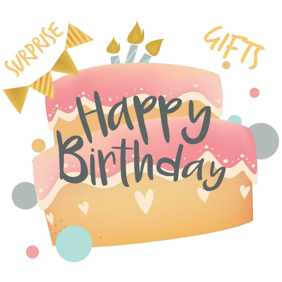 Happy birthday text vector template design. Birthday greeting in circle space for typography with cake and balloons party decoration elements in pattern background. Vector Illustration.