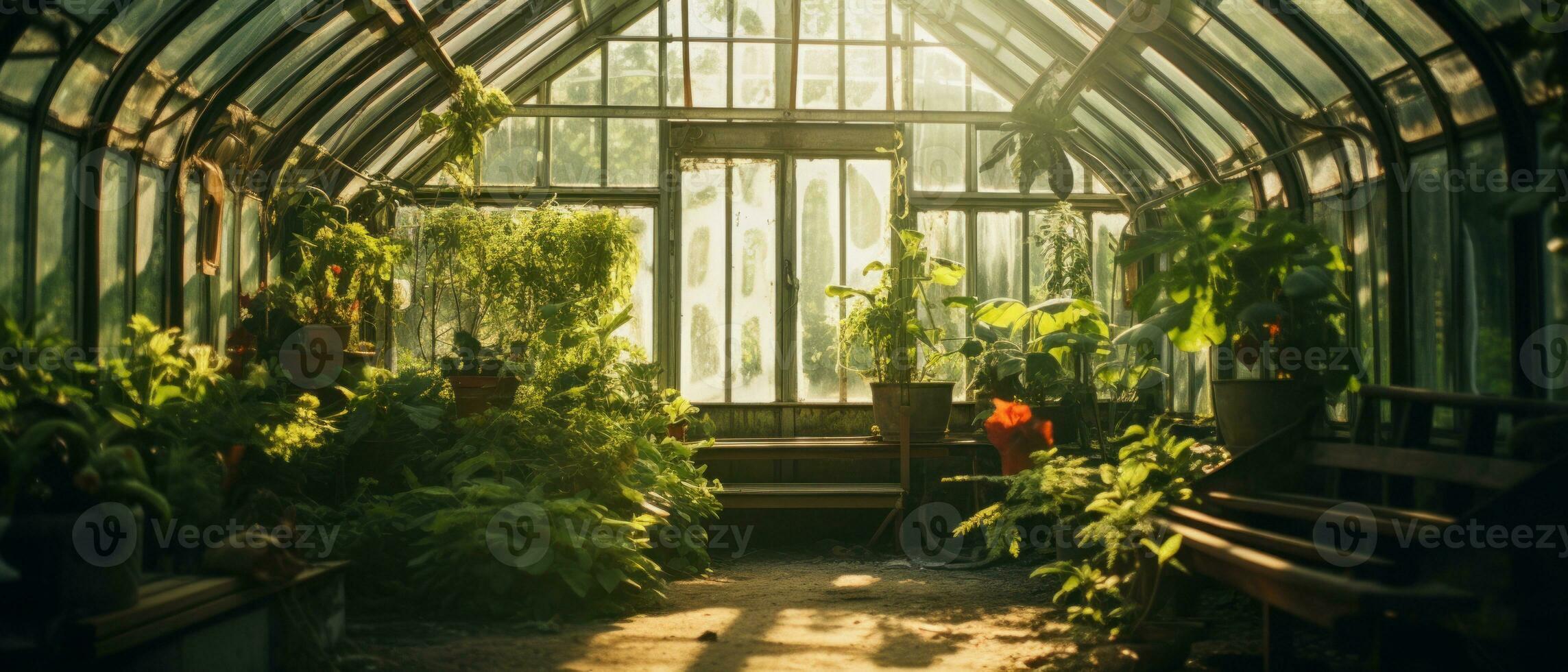 AI generated Serene greenhouse filled with lush greenery and vibrant flora. AI generative. photo