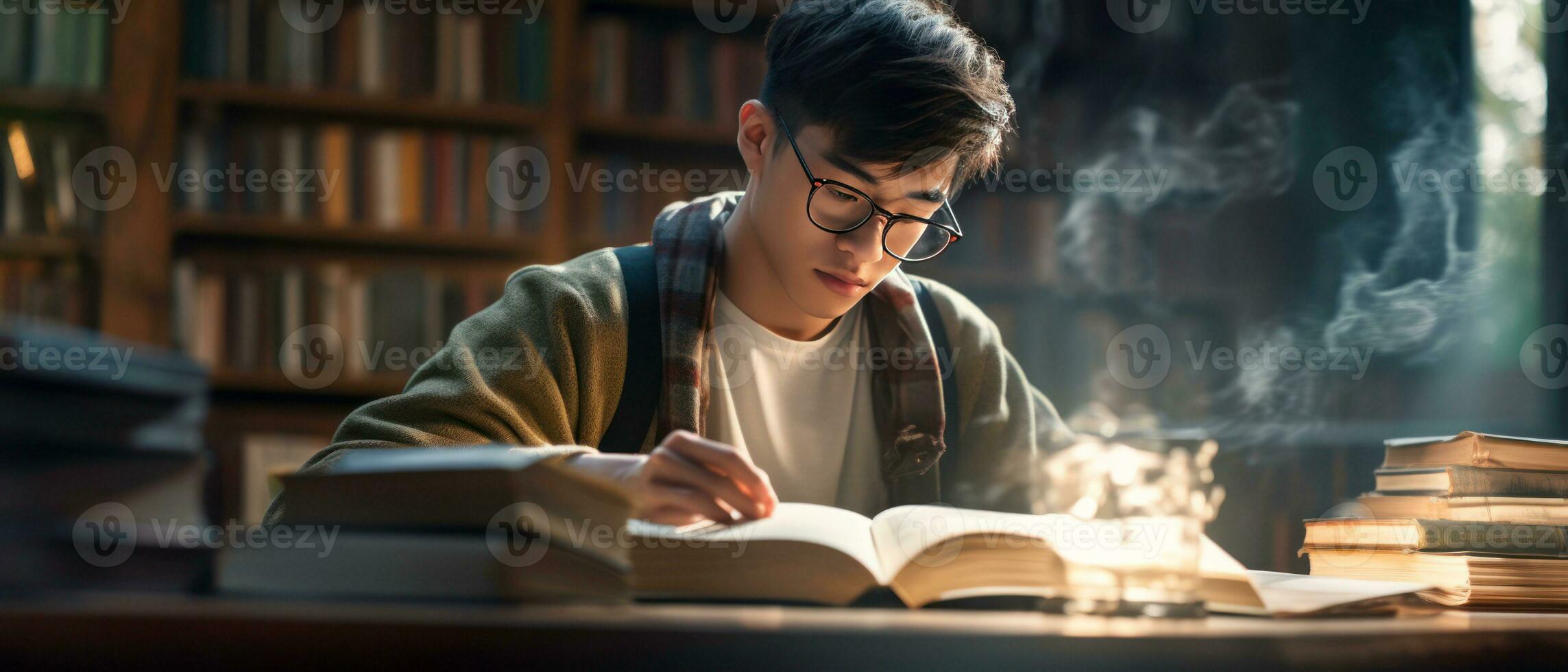 AI generated Middle-aged man engrossed in reading, with a candle. AI generative. photo