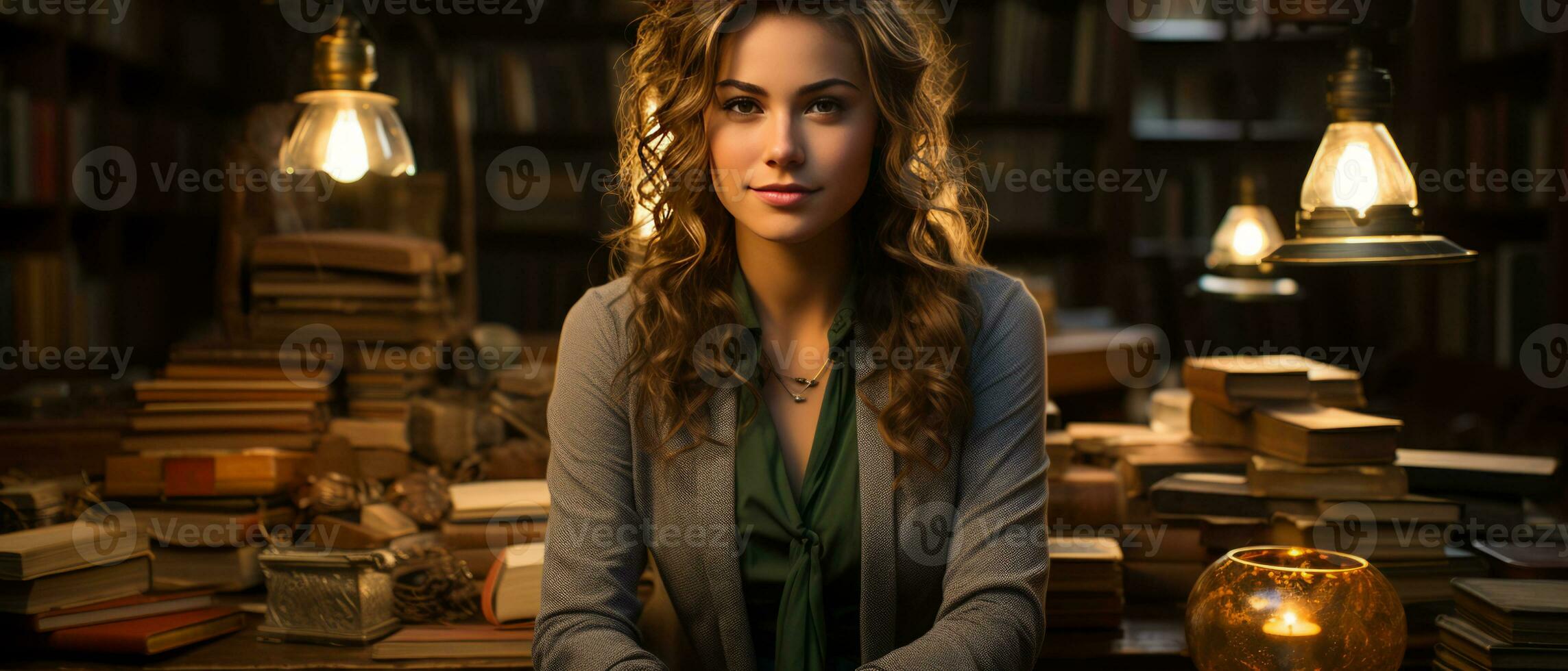 AI generated Trendy female student sitting among bookshelves in an old university library, deeply engrossed in studying. photo