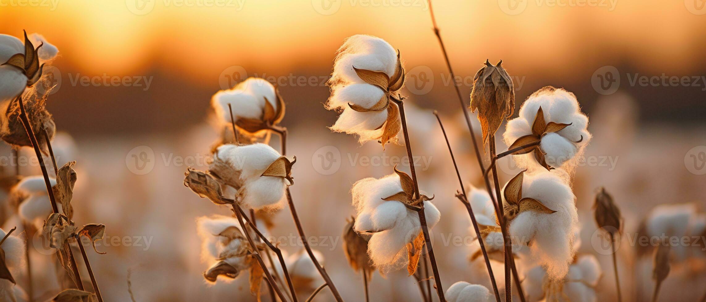AI generated Golden sunset over cotton field. AI generative. photo
