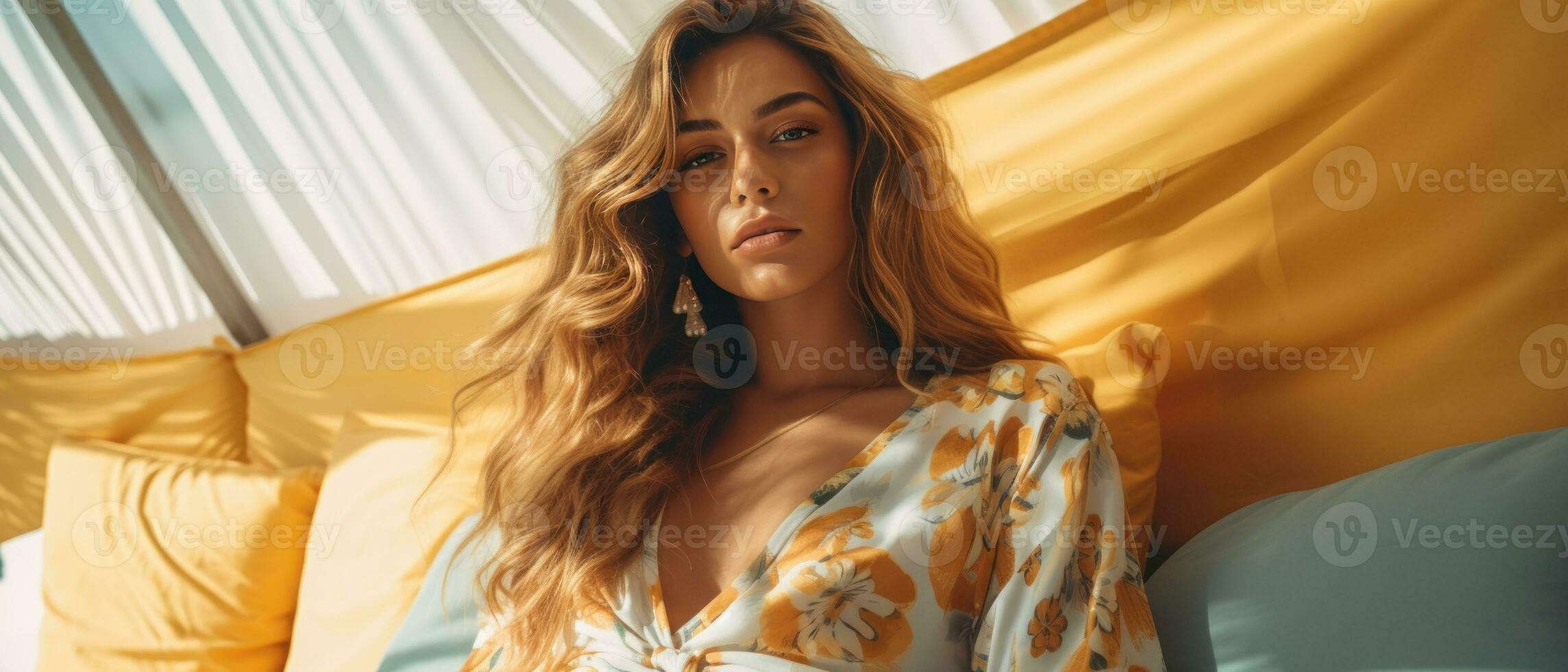 AI generated Woman in vibrant colorful flower dress lying gracefully on a sofa. AI generative. photo