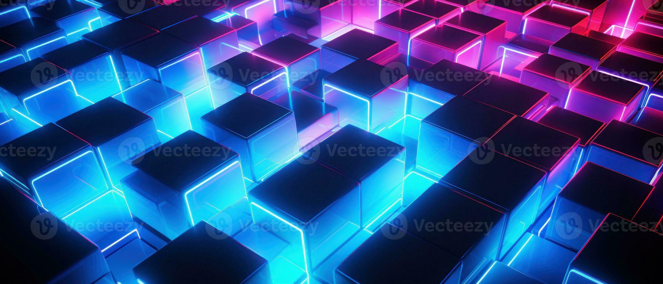 AI generated Bright neon elements and 3D cubes create a modern, tech-savvy atmosphere. photo