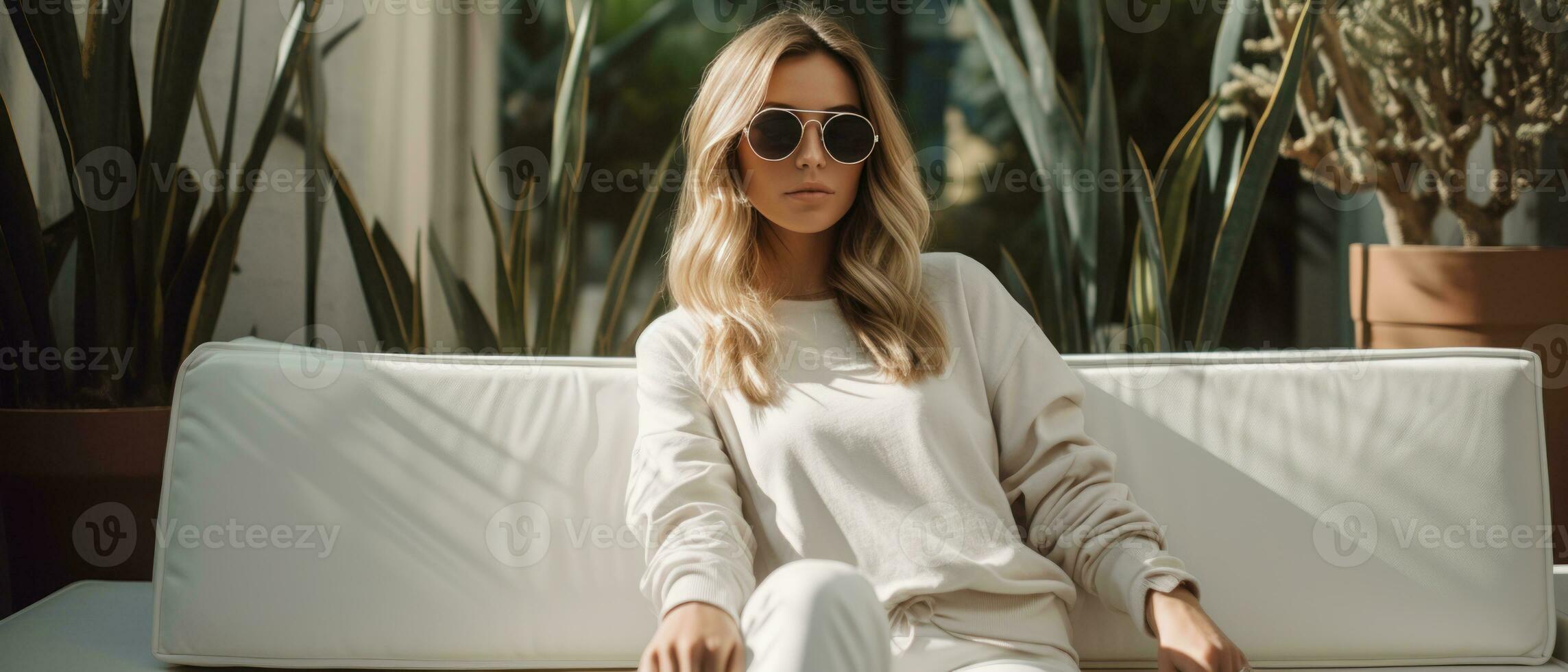 AI generated Woman in sunglasses relaxing on a white couch. AI generative. photo
