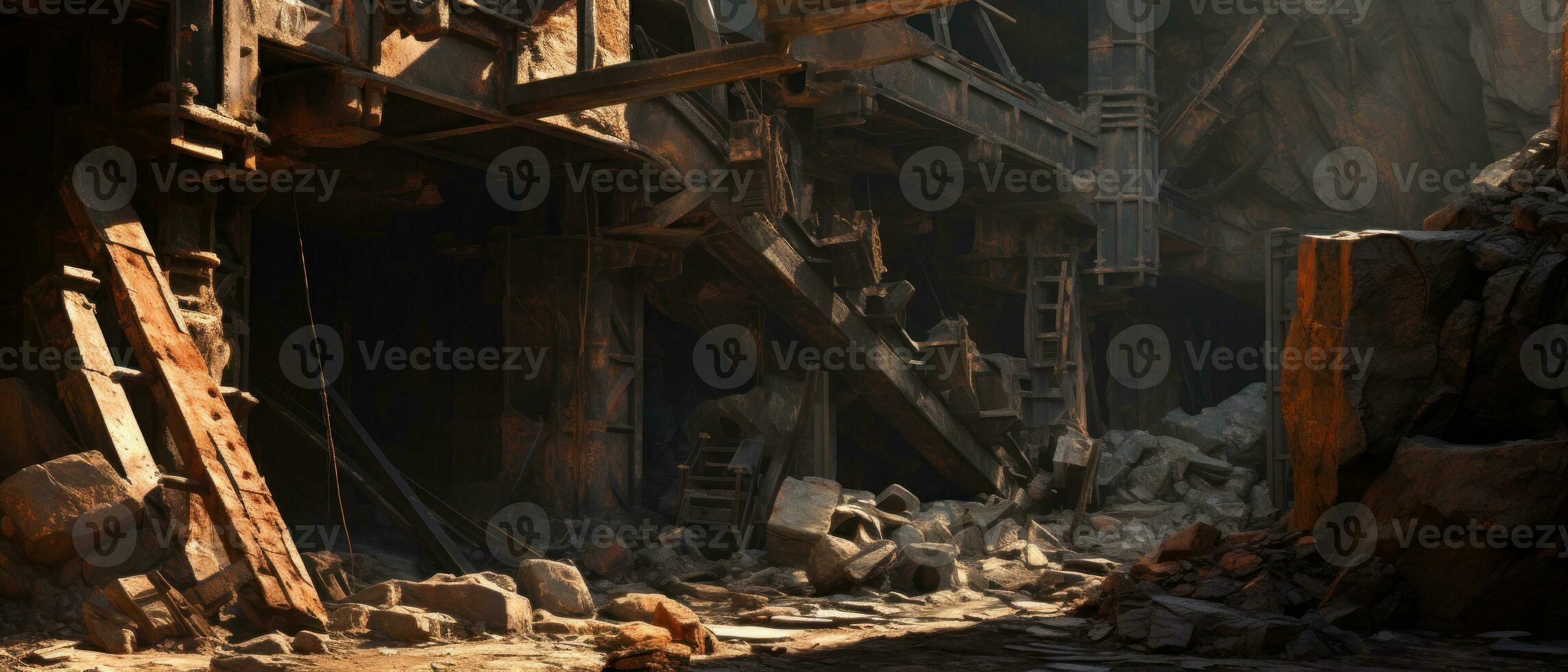 AI generated Mysterious cave with a wooden staircase leading to light. AI generative. photo