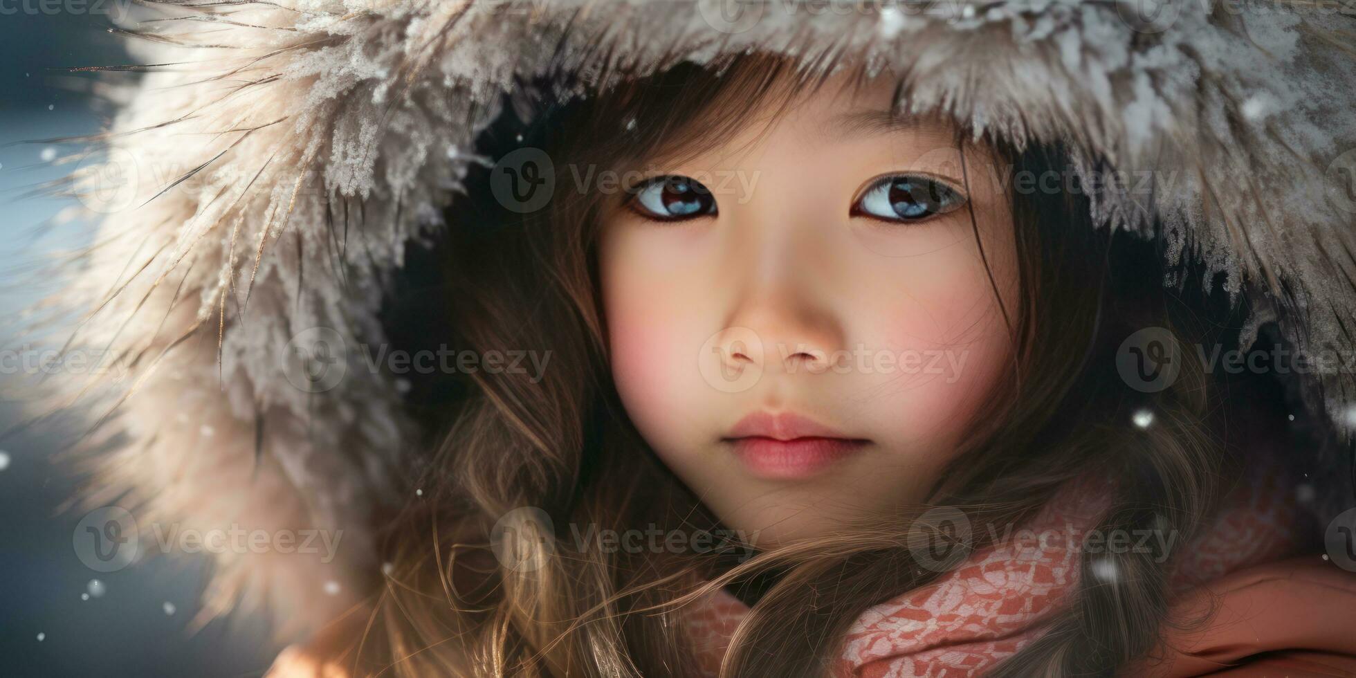 AI generated Young girl in fur coat with intense gaze. AI generative. photo