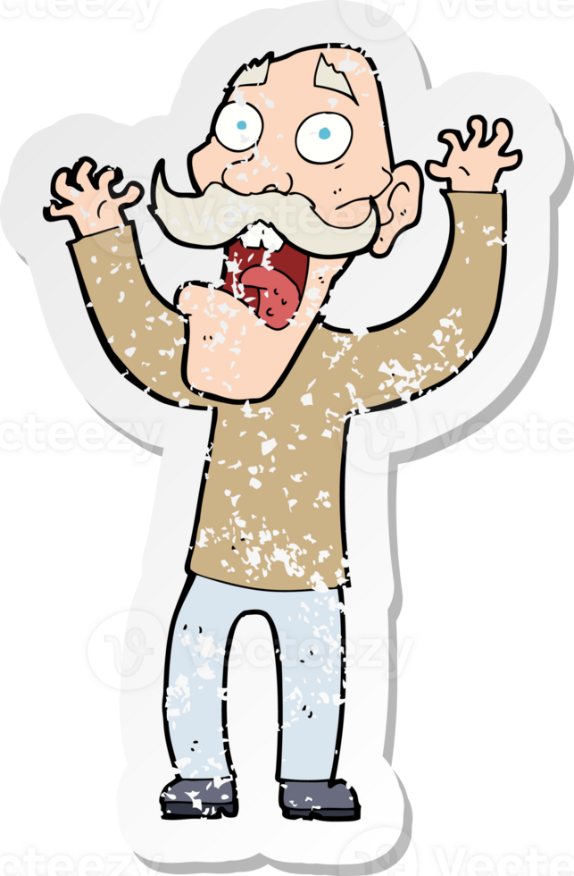 retro distressed sticker of a cartoon old man getting a fright png