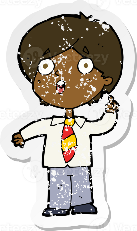 retro distressed sticker of a cartoon schoolboy answering question png