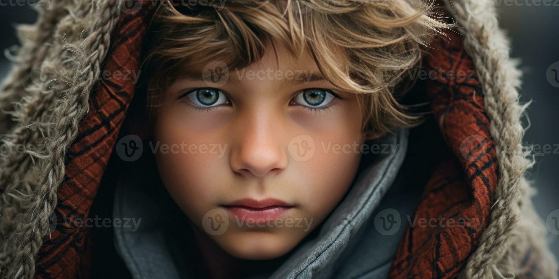 AI generated Warm, inviting image of a boy in a hooded coat. AI generative. photo