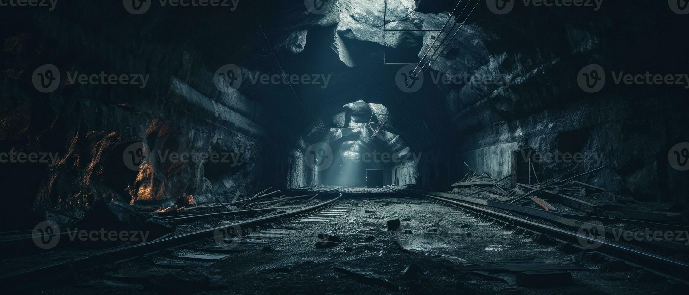 AI generated Eerie underground tunnel with abandoned train track. AI generative. photo