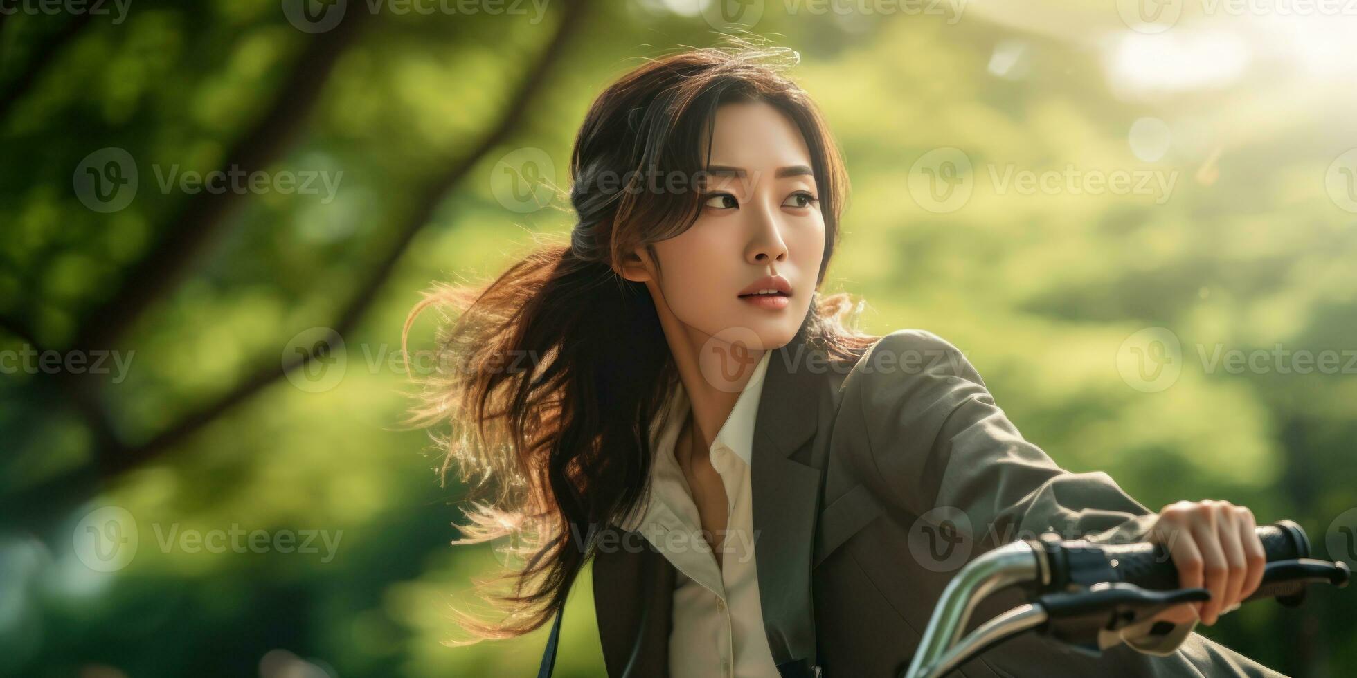 AI generated Elegant office-style Asian girl on bike. AI generative. photo
