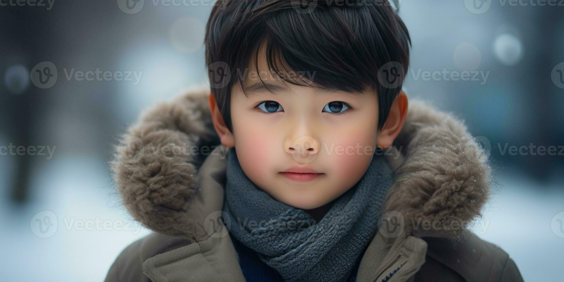 AI generated Close-up of a young Asian boy in winter attire. AI generative. photo