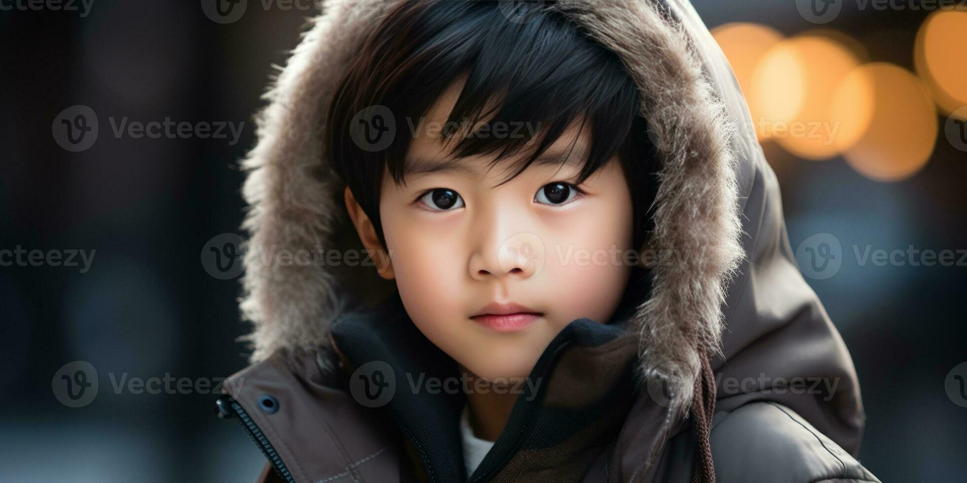 AI generated Close-up of a young Asian boy in winter attire. AI generative. photo