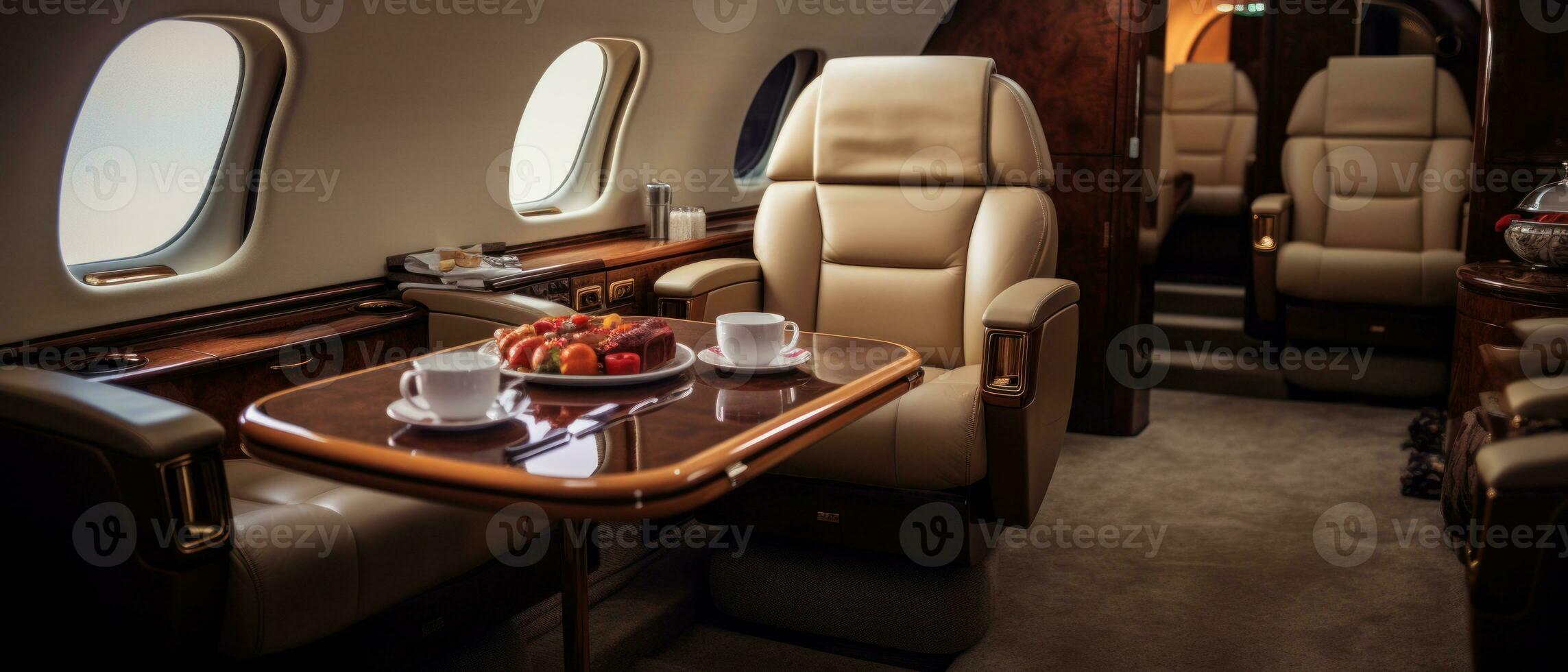 AI generated Luxurious private jet interior, leather seats, plush upholstery. AI generative. photo