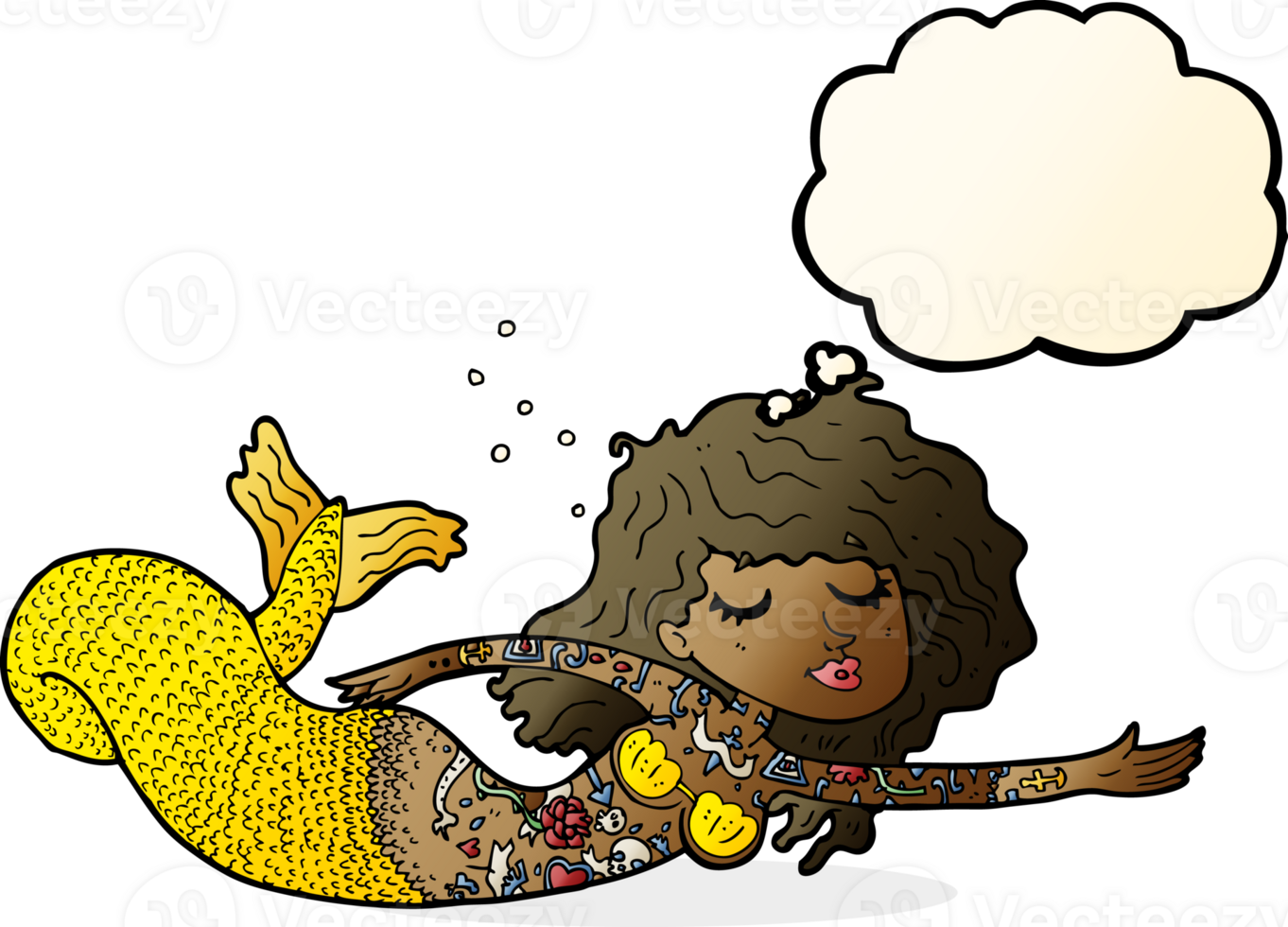 cartoon mermaid covered in tattoos with thought bubble png