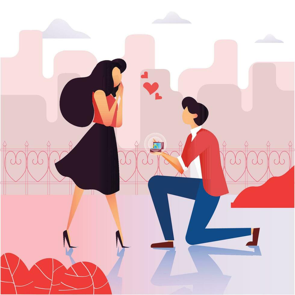 hombre proponiendo a mujer ilustración, romántico encantador san valentin día vector ilustración