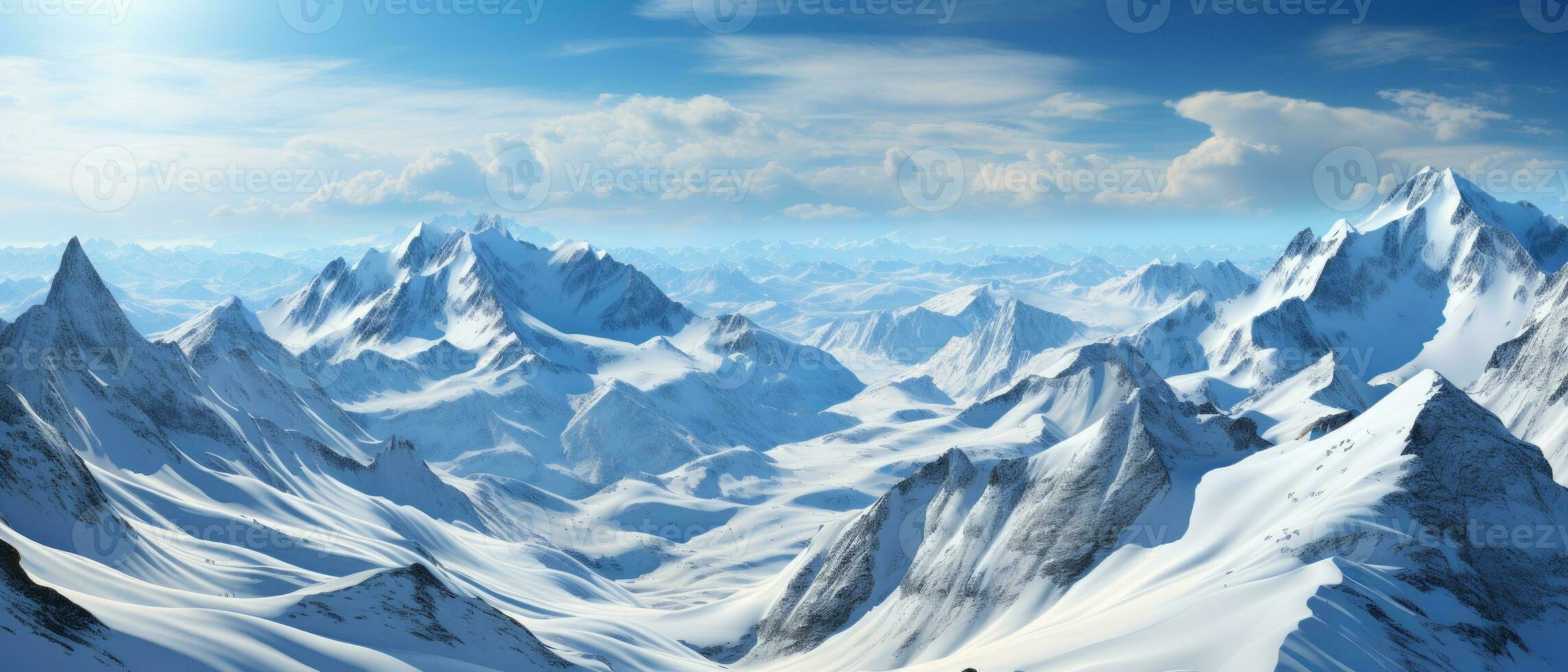 AI generated Breathtaking view of white, snowy mountains under the sun, offering a perfect setting for a winter vacation or ski resort adventure. photo