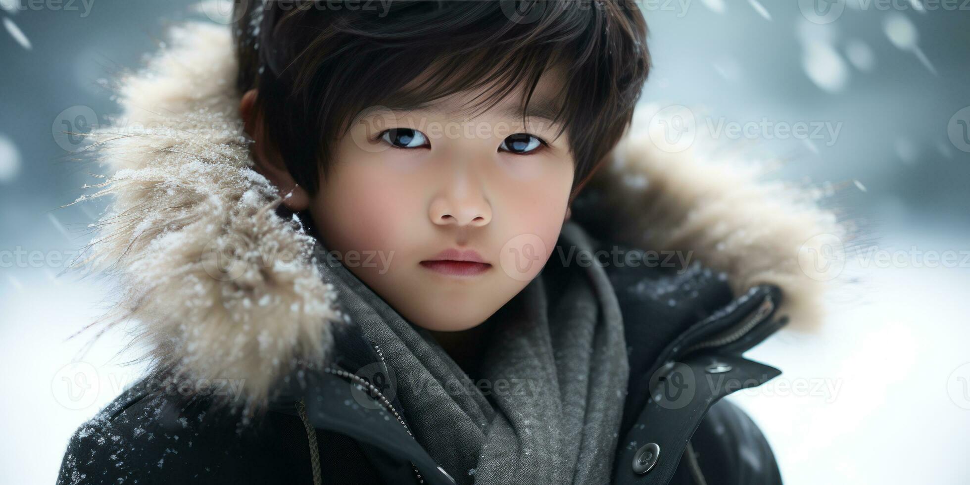 AI generated Close-up of a young Asian boy in winter attire. AI generative. photo