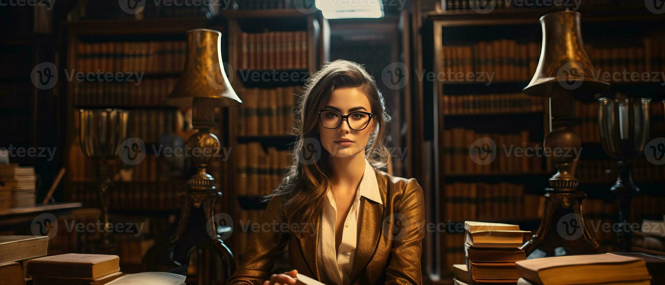 AI generated Trendy female student sitting among bookshelves in an old university library, deeply engrossed in studying. photo
